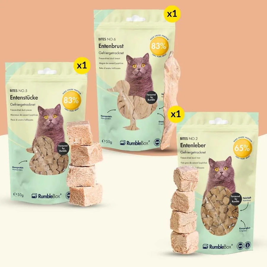 Gefriergetrocknete katzensnacks aus entenbrust, entenleber und entenstücke – ideal als getrocknete entenbrust katze oder katzen leckerli gefriergetrocknet. – rumblebox
