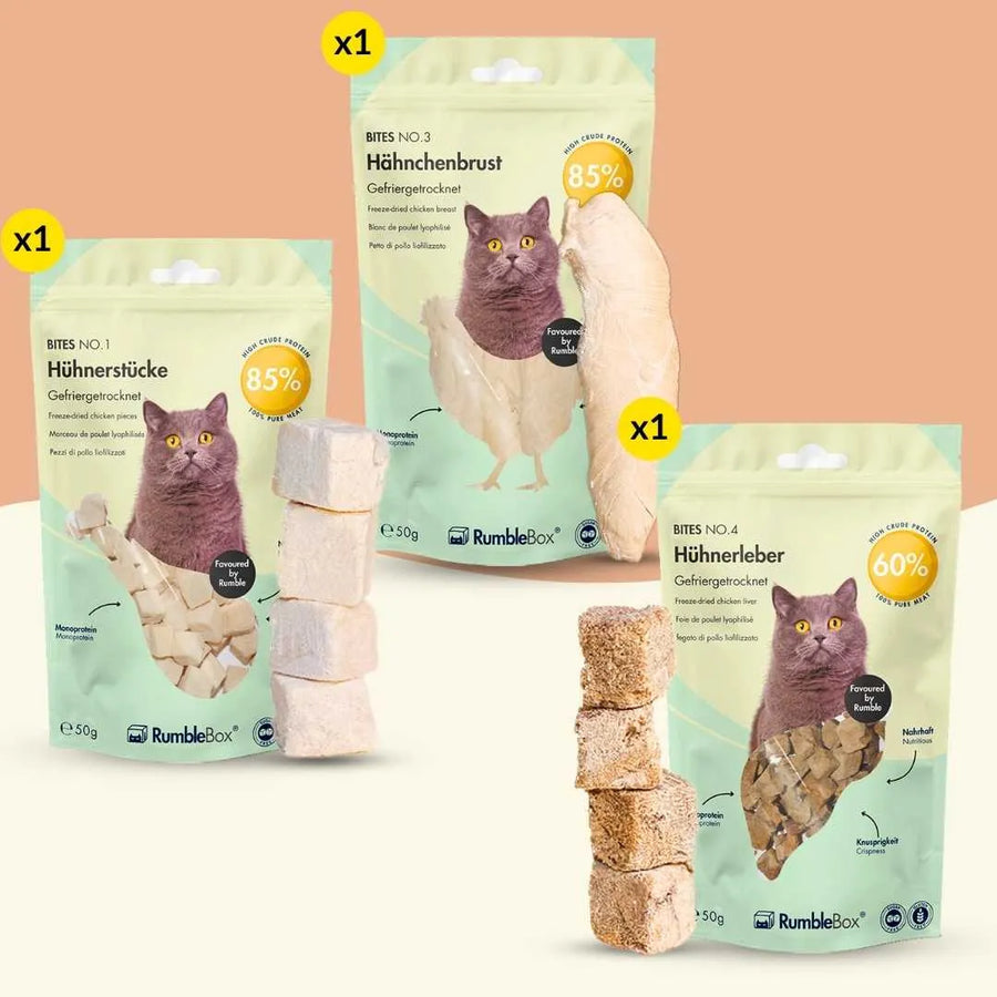 Gefriergetrocknete katzensnacks in verschiedenen Sorten mit hohem Fleischanteil – ideal für hühnerleber spar und hähnchenbrust katze. – rumblebox