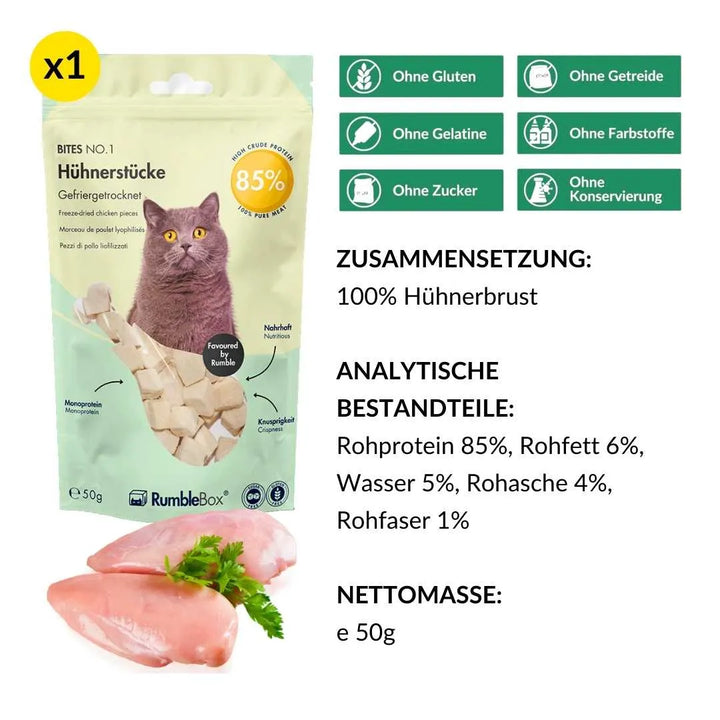 Inhaltsstoffe und Nährwertangaben zu gefriergetrocknete katzensnacks mit 100% hühnerfleisch für katzen – Rumblebox