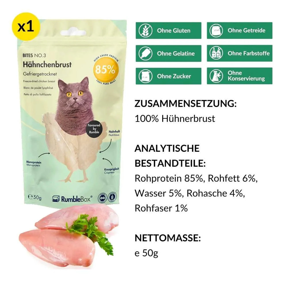 Zusammensetzung und Werte von gefriergetrocknetem hühnerfleisch für katzen – ohne zusatzstoffe und ideal als katzen leckerli gefriergetrocknet. – rumblebox