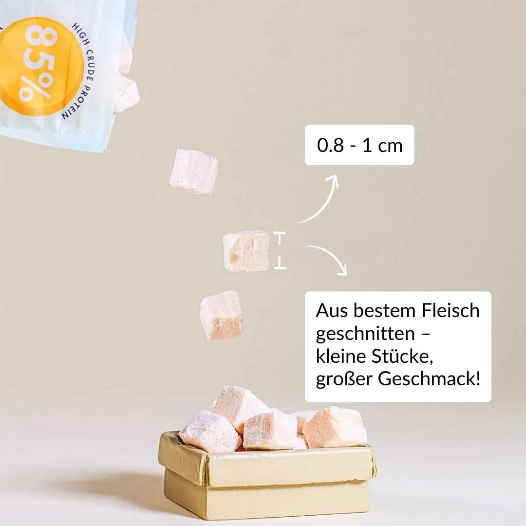 Kleine Stücke aus gefriergetrocknetes huhn katze, ca. 1 cm groß – perfekt als katzensnack gefriergetrocknet – Rumblebox
