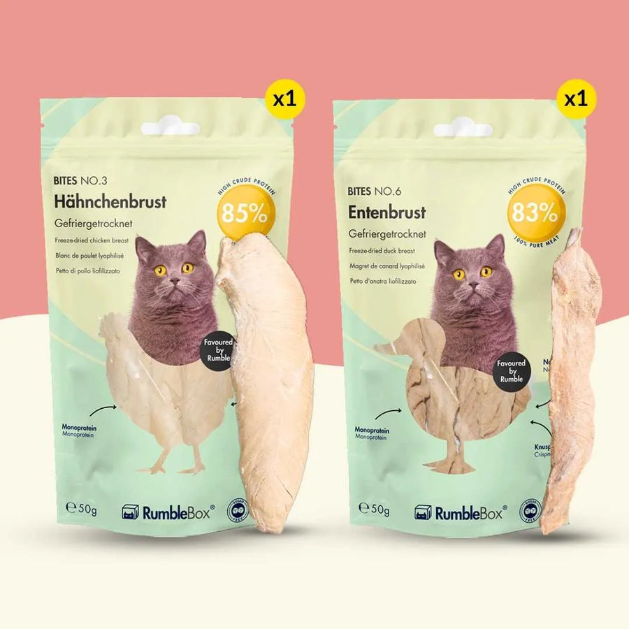 Gefriergetrocknete hähnchenbrust für katzen und entenbrust für katzen als hochwertige monoprotein snacks. – rumblebox