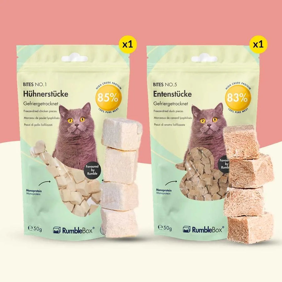 Gefriergetrocknete katzensnacks aus hühnerfleisch für katzen und entenbrust für katzen – knusprig und proteinreich. – rumblebox