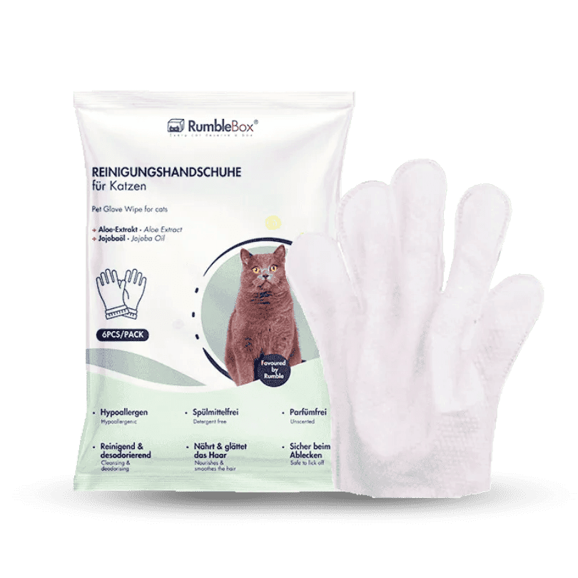 White hypoallergenic grooming gloves for cats, with aloe extract and jojoba oil, in a 6-pack from RumbleBox.