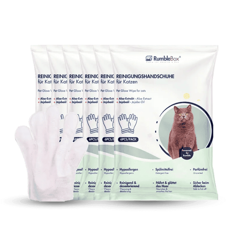 White cleaning gloves for cats, hypoallergenic, 4-pack, gentle on fur, from RumbleBox, perfect for grooming and cleaning.