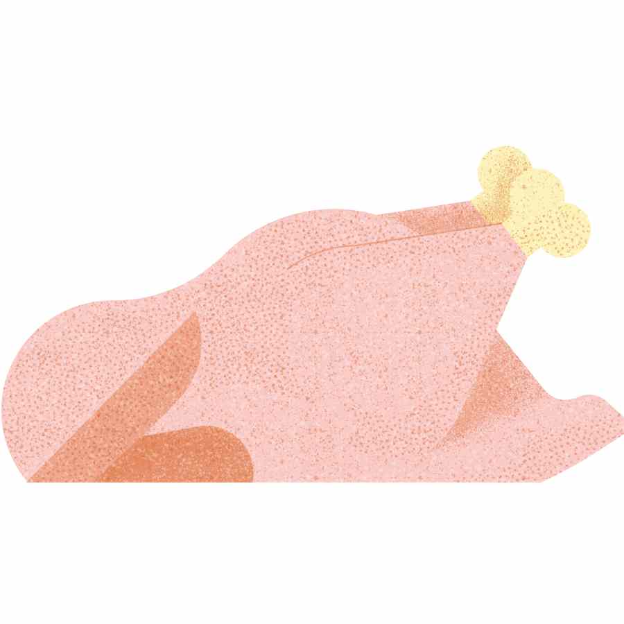 Stylized illustration of a roasted chicken in shades of pink with golden drumsticks and a textured finish.