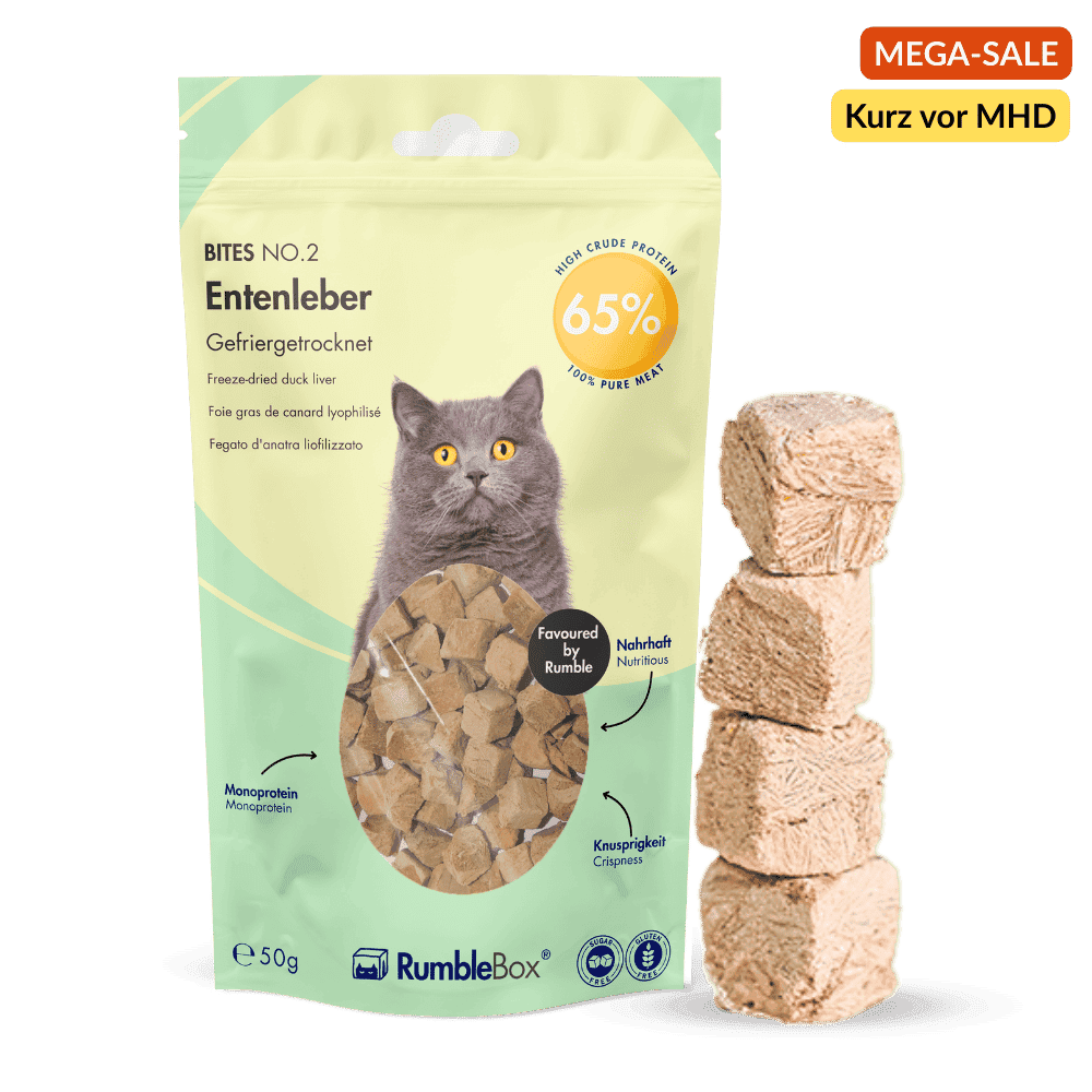 Freeze-dried duck liver cat treats in green packaging, featuring a playful cat and stacked cubes.