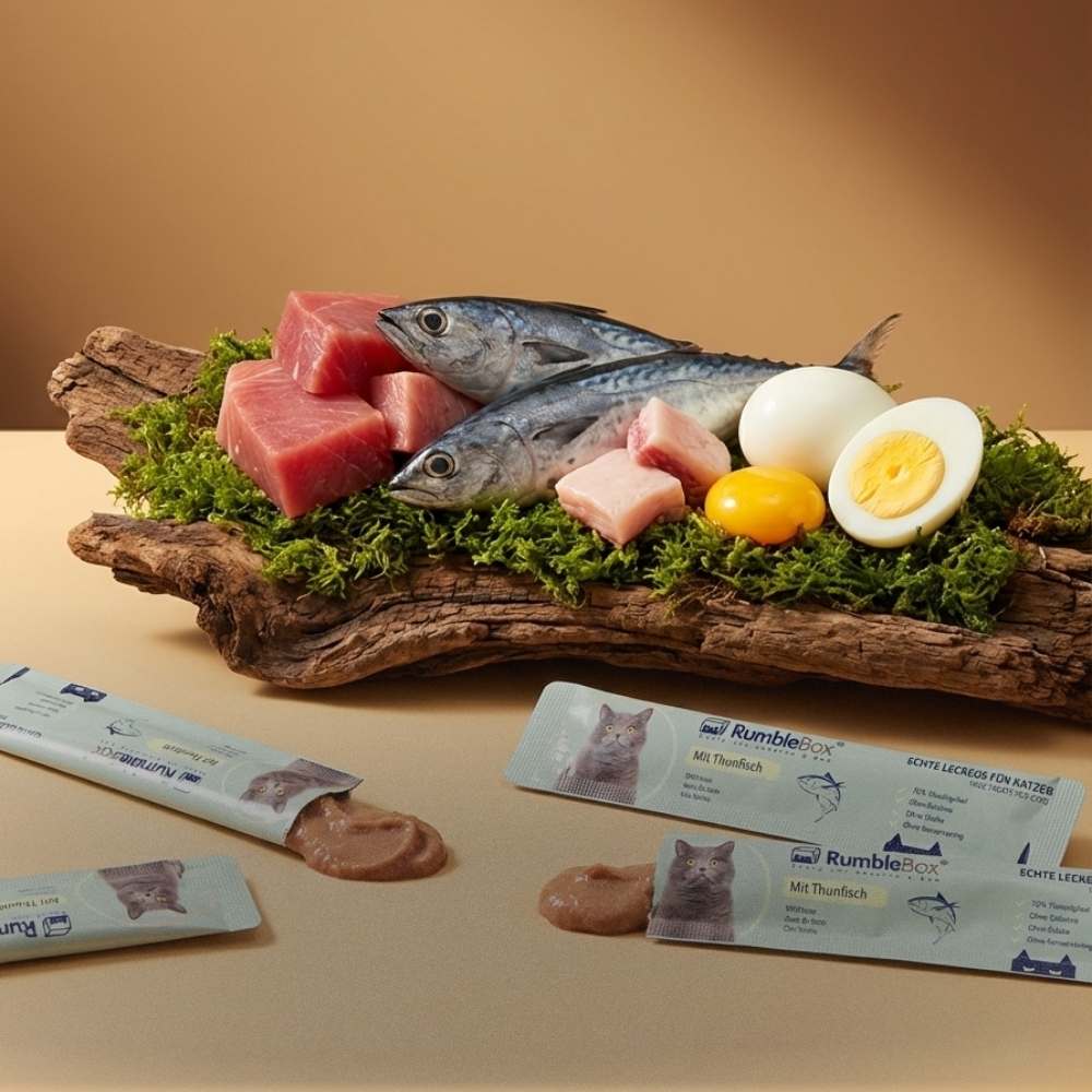 Natural cat food featuring tuna, fish, and egg on a wooden platter, with packaging in a sleek design.