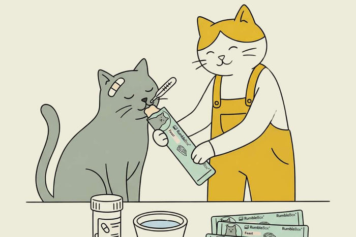 Gray cat receiving a treat from an orange and white cartoon cat in yellow overalls, playful and whimsical design.