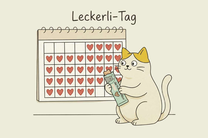 Cartoon cat holding a green treat bottle next to a heart-marked calendar, featuring a playful, colorful design.