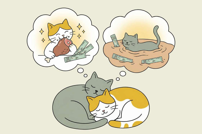 Cute illustration of two cats dreaming of fish and money, featuring a gray and orange tabby on a soft beige background.