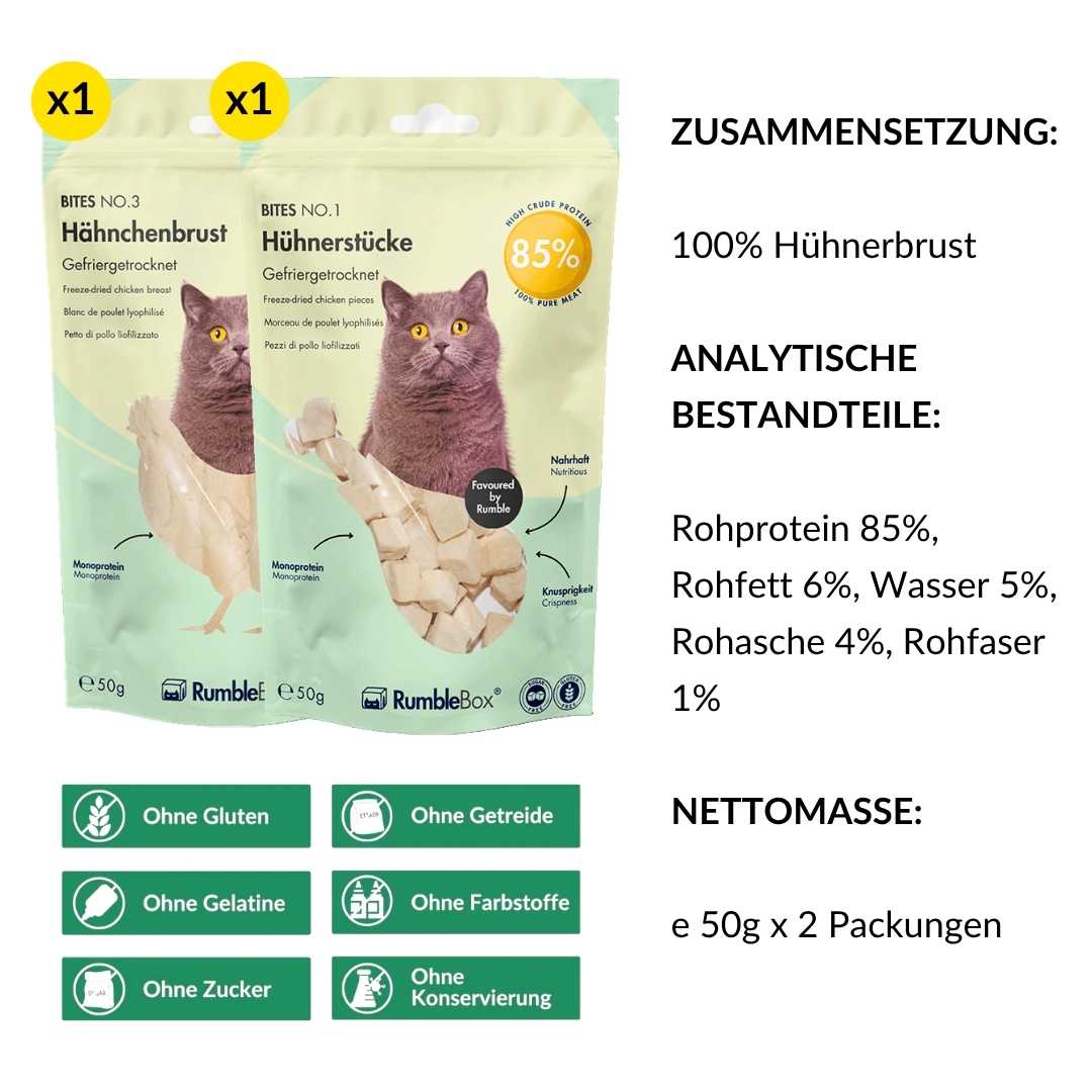 Dried chicken breast bites for cats, 100% chicken, two 50g packs, gluten and preservative-free, natural protein-rich snack.