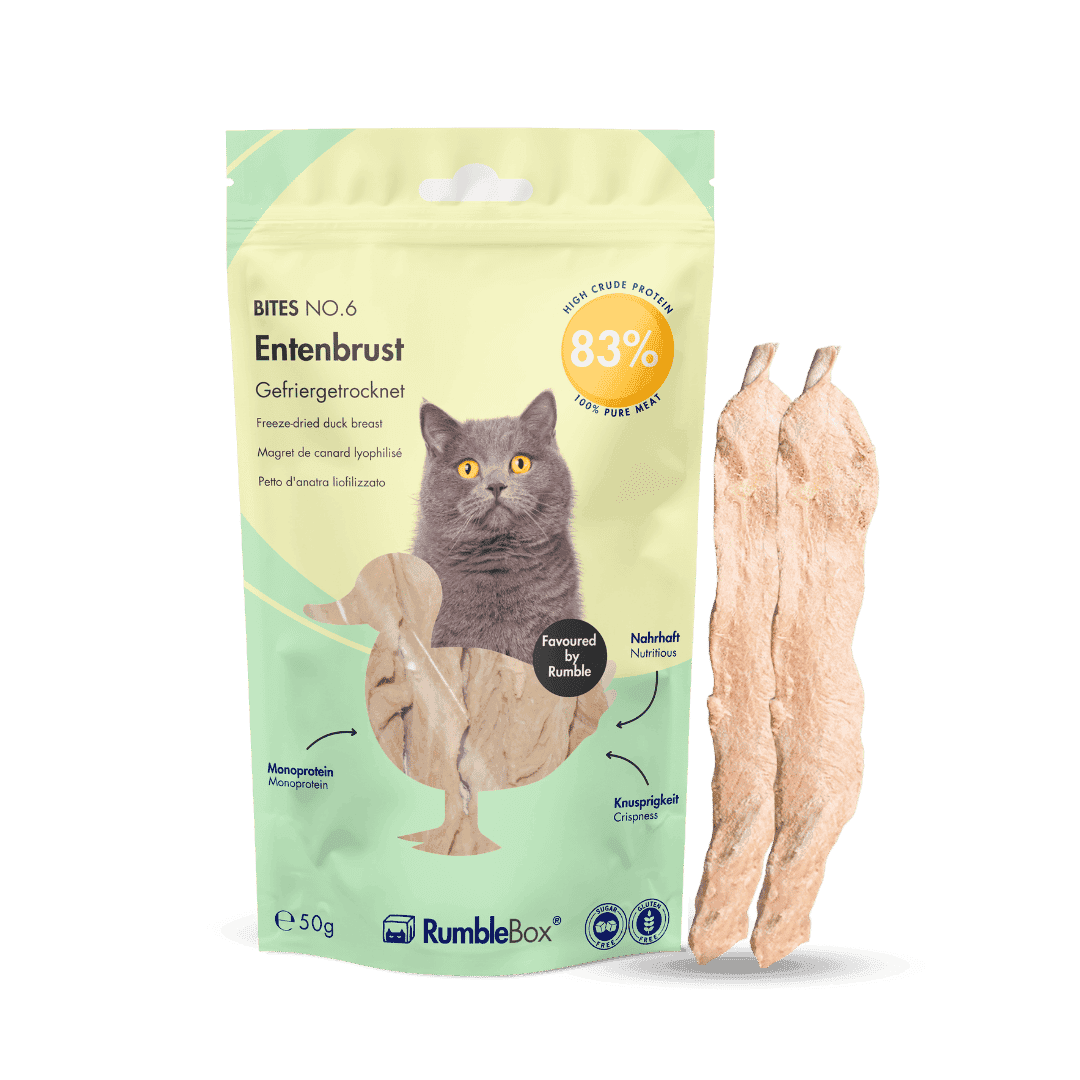 Freeze-dried duck breast cat treats in a vibrant packaging; natural, high-protein, single ingredient, 50g.