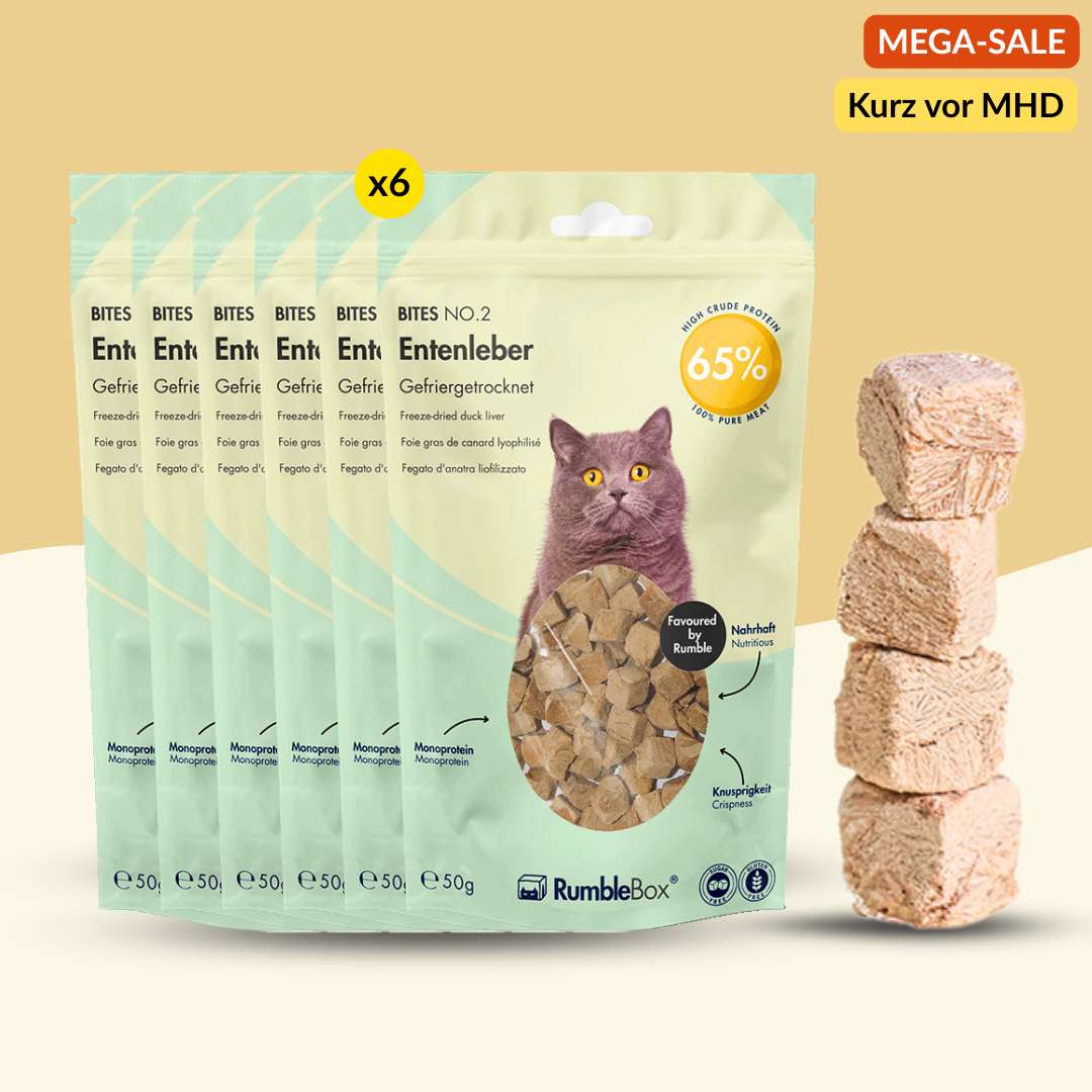 Green packet of RumbleBox duck liver cat treats, 65% meat, featuring six packs stacked with a cat image on the front.