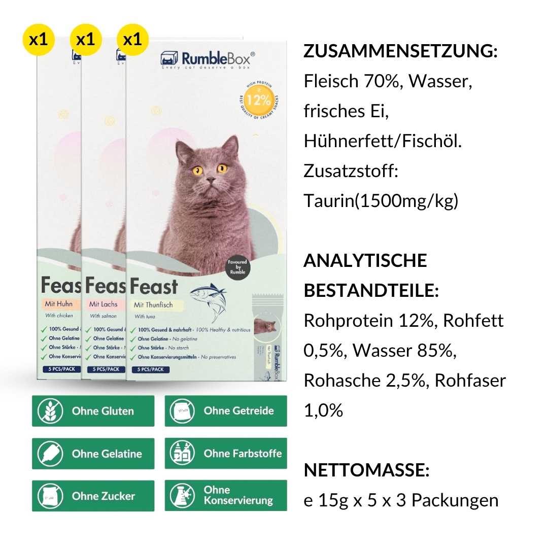 RumbleBox cat food, package of 3, meat-based, 70% protein, natural ingredients, grain-free, suitable for all cats.