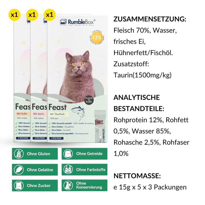 RumbleBox cat food, package of 3, meat-based, 70% protein, natural ingredients, grain-free, suitable for all cats.