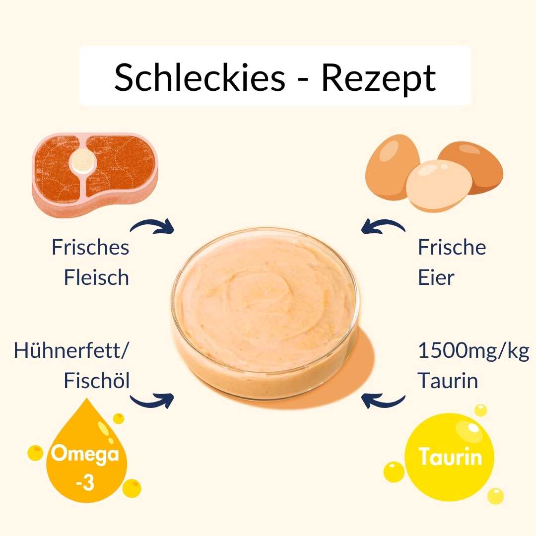 Schleckies recipe illustration featuring fresh meat, eggs, chicken fat/fish oil, and 1500mg/kg taurine in a bowl.