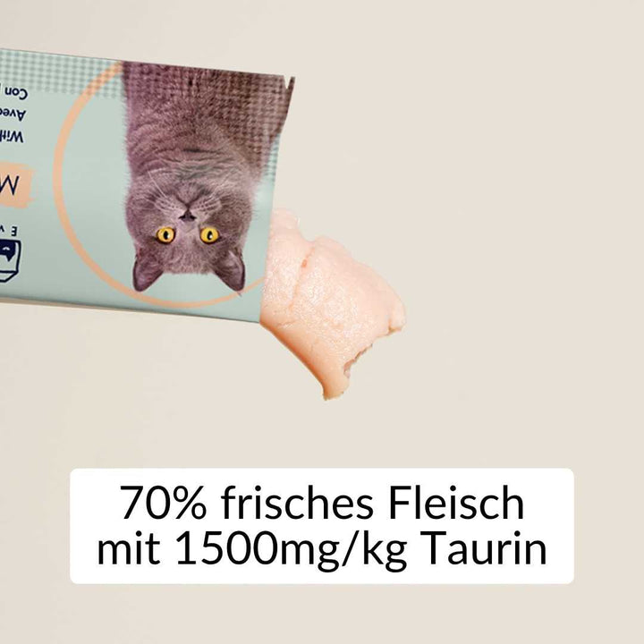 Cat food pouch featuring 70% fresh meat, creamy texture, light pink color, enriched with 1500mg/kg taurine.