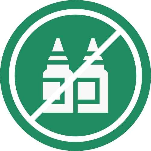 Green circular logo with a crossed-out icon of two glue bottles, symbolizing no adhesive usage.
