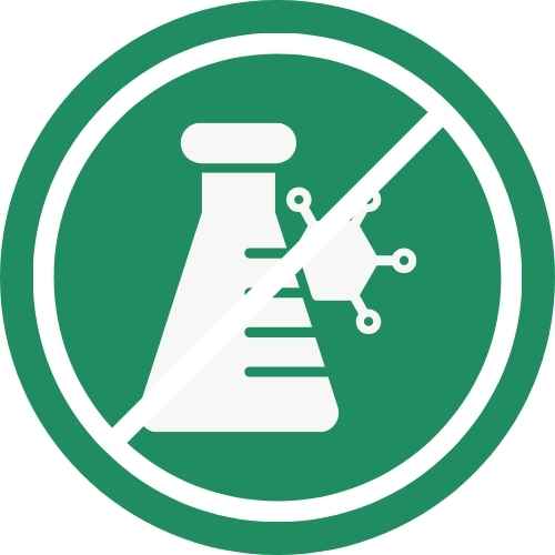 Eco-friendly green no-chemicals logo featuring a lab flask and molecular symbol crossed out.
