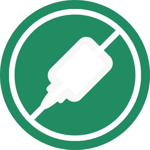 Green circular logo with a white syringe icon and a line crossing through it, representing a no-syringe theme.