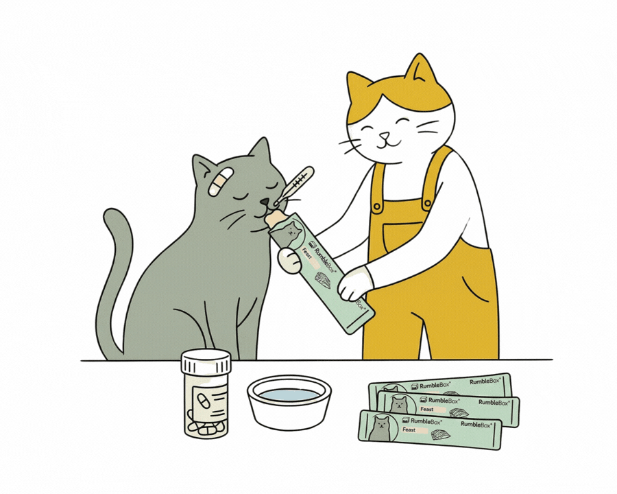 Cat treats in green packaging, with playful cartoon cat and person in yellow overalls, vibrant colors, fun style.