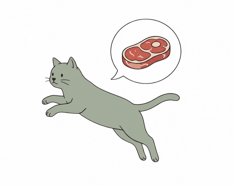 Cartoon grey cat jumping with a thought bubble featuring a juicy steak, perfect for pet food promotions.