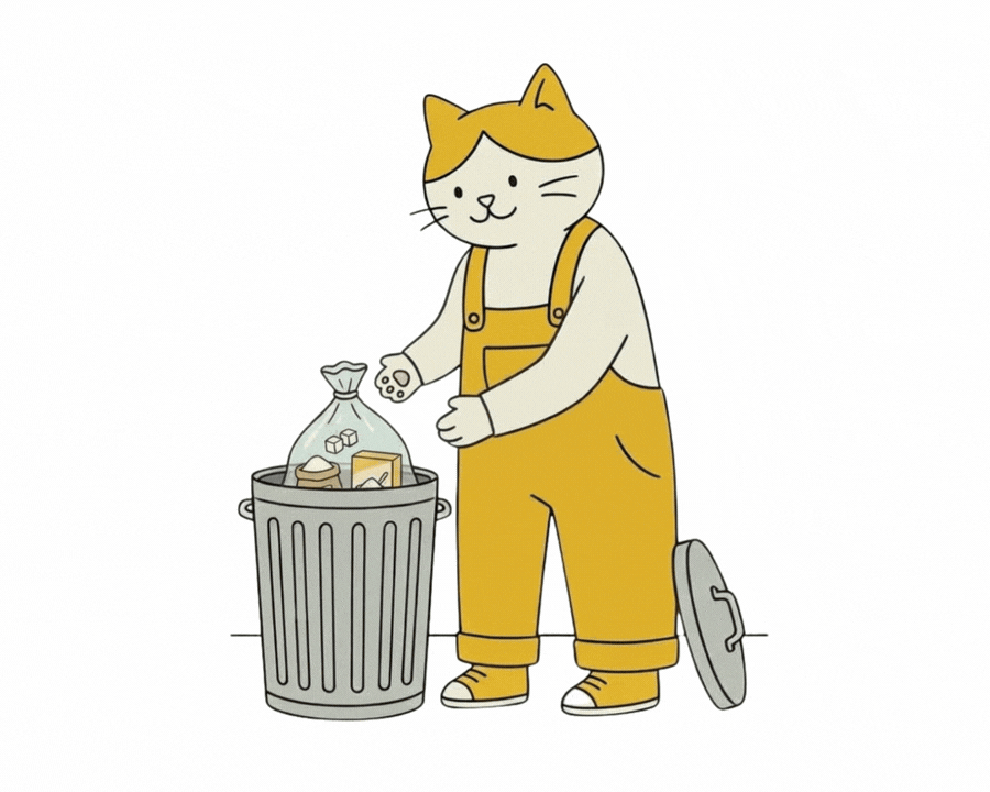 Cat character in yellow overalls and cap, throwing trash into a gray trash can, playful cartoon style.