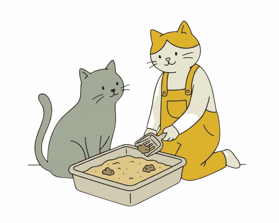 Cute illustration of a cat and a person in yellow overalls, cleaning a beige litter box. Ideal for pet accessory products.