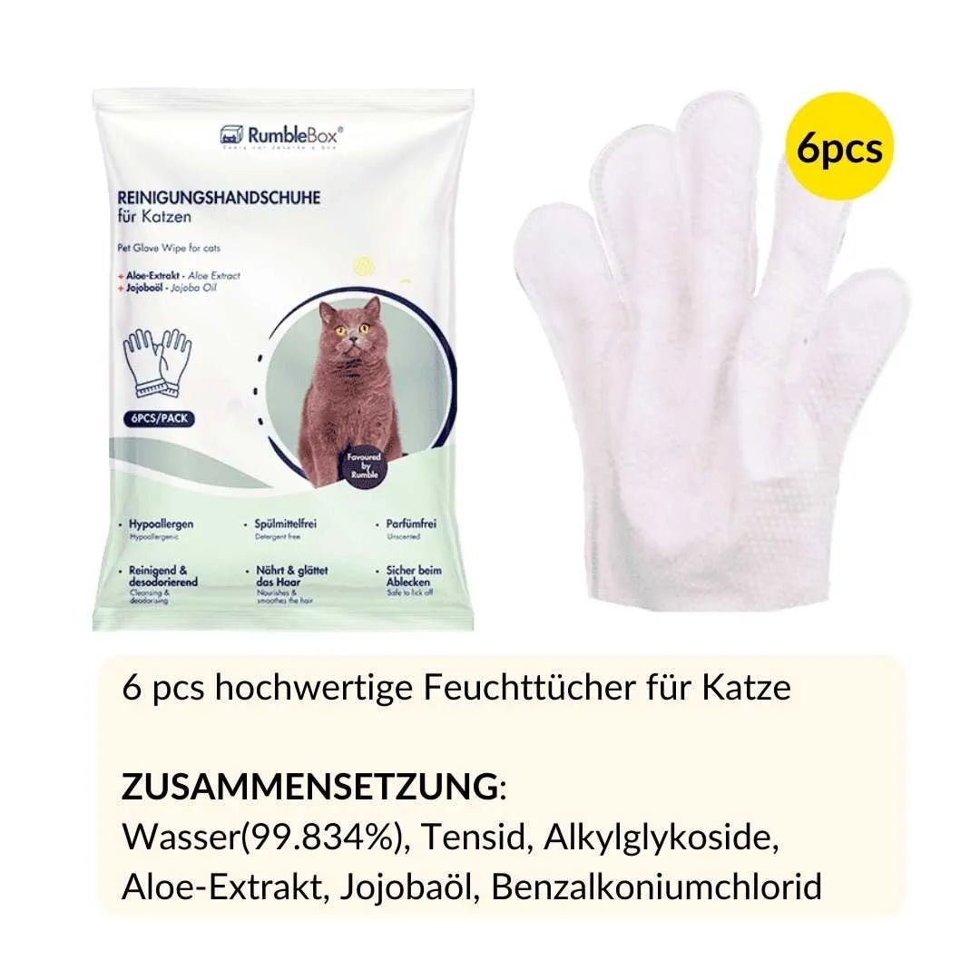 Zusammensetzung der feuchtigkeitsspendenden Reinigungstücher für Katzen mit 99,834 % Wasser, Aloe-Extrakt, Jojobaoel und ohne Parfum – rumblebox