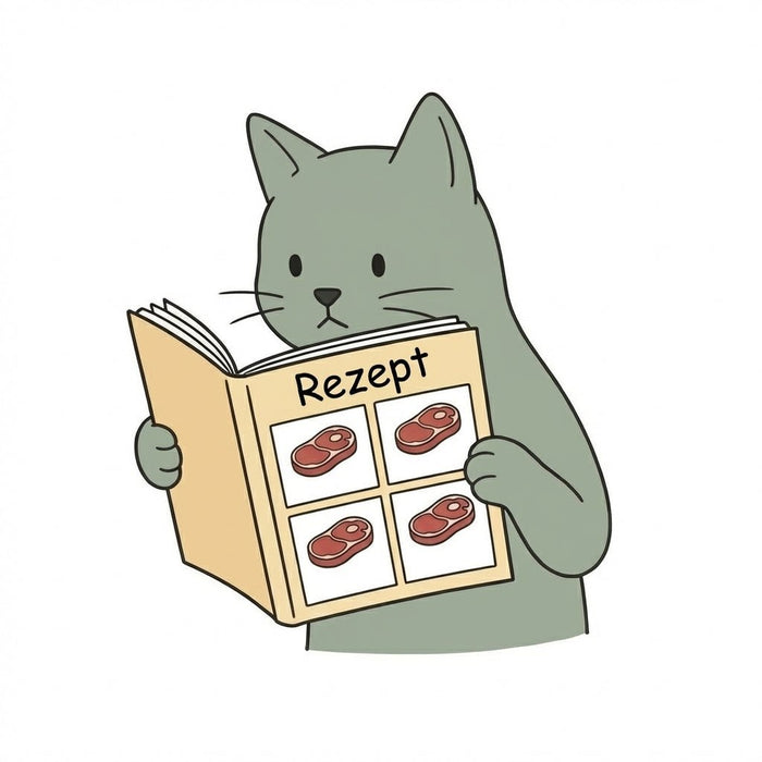 Gray cartoon cat reading a recipe book titled 