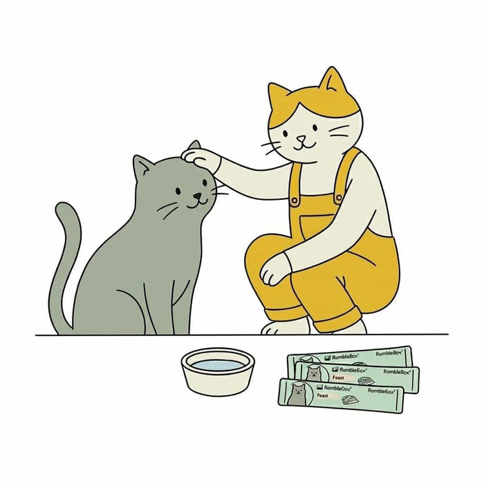 Illustration of a person in yellow overalls petting a gray cat, with soup and snacks nearby.