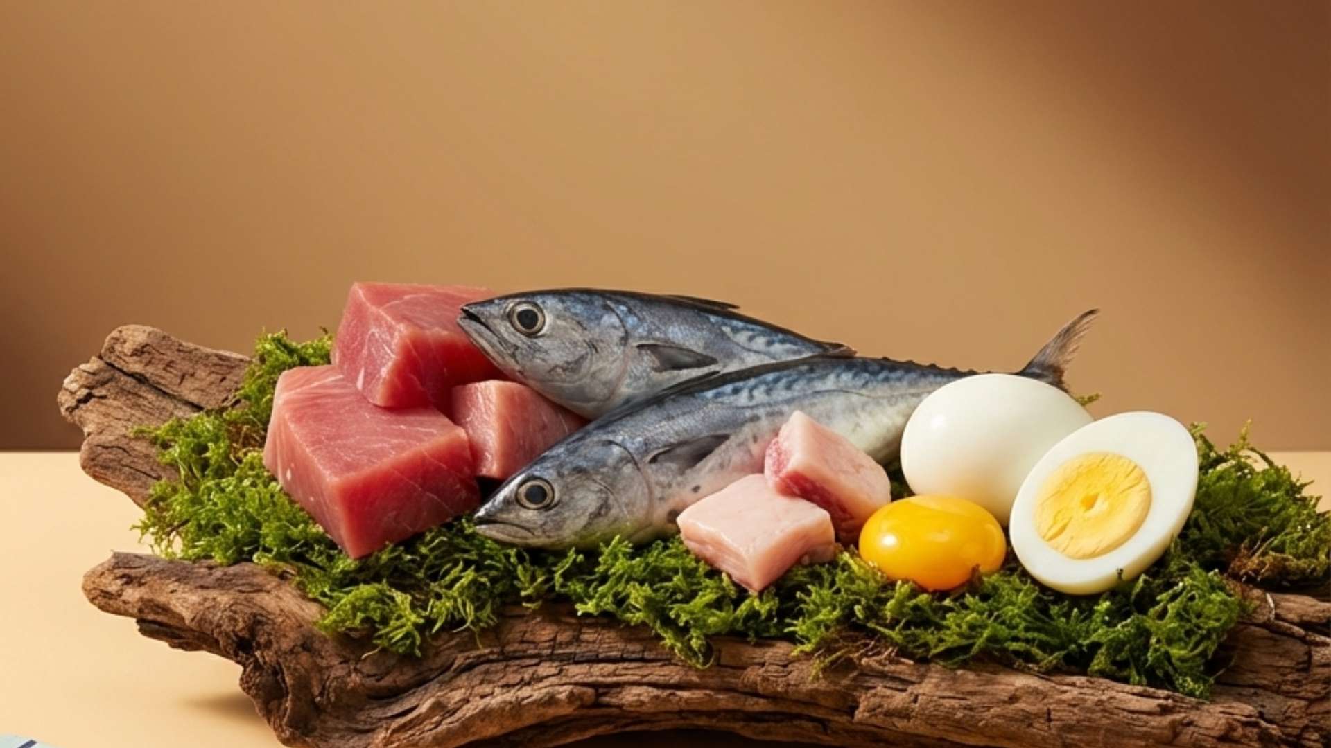 Fresh sushi ingredients: vibrant blue mackerel, pink tuna, and eggs on a moss-covered wooden platter.