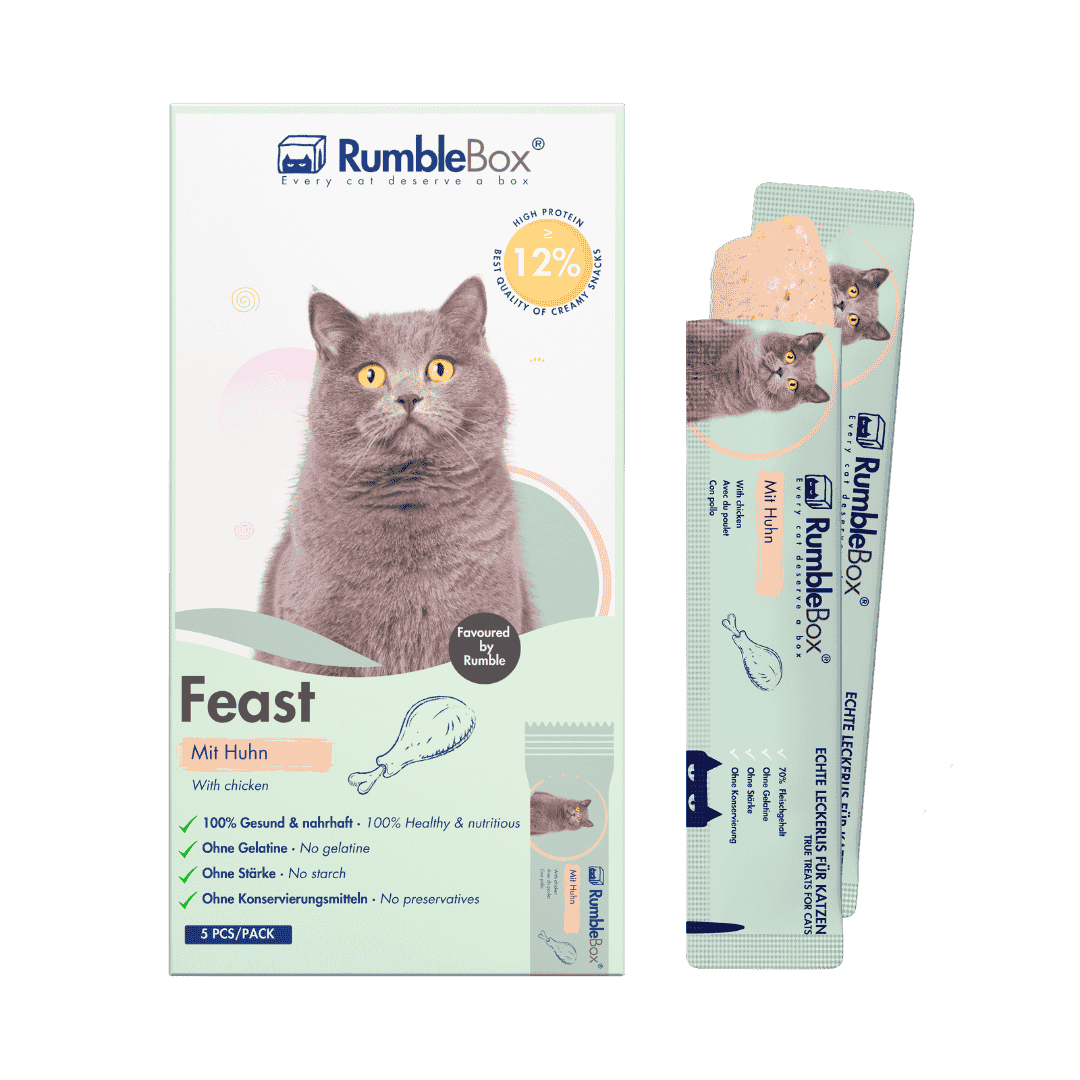 RumbleBox Feast cat food, chicken flavor, in eco-friendly packaging, 5 sticks, vibrant green and white design.