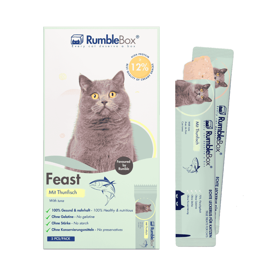 RumbleBox Feast cat food with tuna, 5-pack, natural ingredients, featuring a gray cat on the packaging.