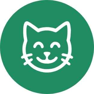 Weißes Symbol eines lächelnden Katzengesichts vor grünem Kreis.