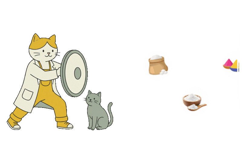 Cute cartoon cat in yellow overalls and lab coat, holding a shield, with a grey cat beside, against a blue background.