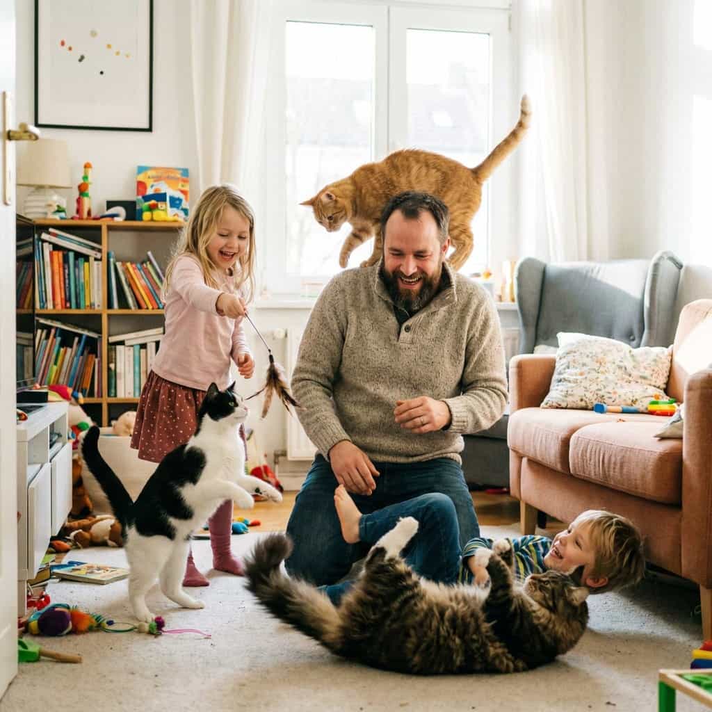 Playful family scene with a man, two children, and three cats in a cozy, colorful living room, featuring a gray couch.