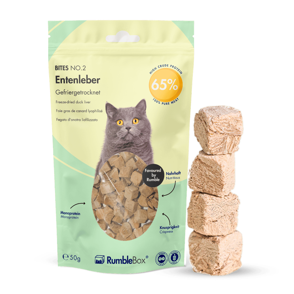 RumbleBox Bites No. 2 gefriergetrocknete Entenleber, 50 g, neben vier Leberwürfeln.