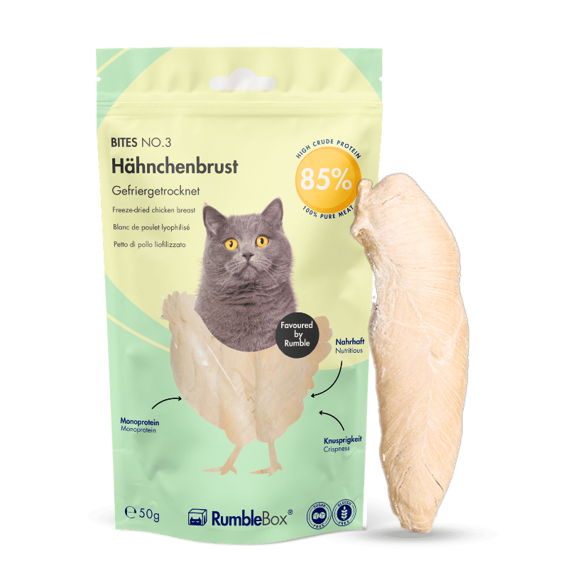 RumbleBox Bites No. 3 mit gefriergetrockneter Hähnchenbrust, 50 g, neben einem Stück Hühnerbrust.