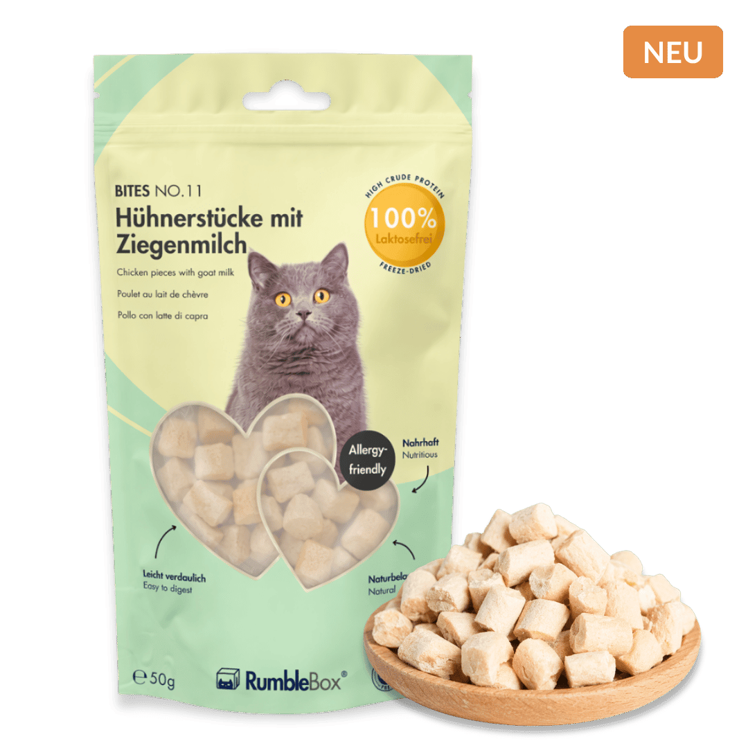 RumbleBox Bites No. 11 Hühnerstücke mit laktosefreier Ziegenmilch, 50 g, neben einer Schale mit Snackwürfeln.